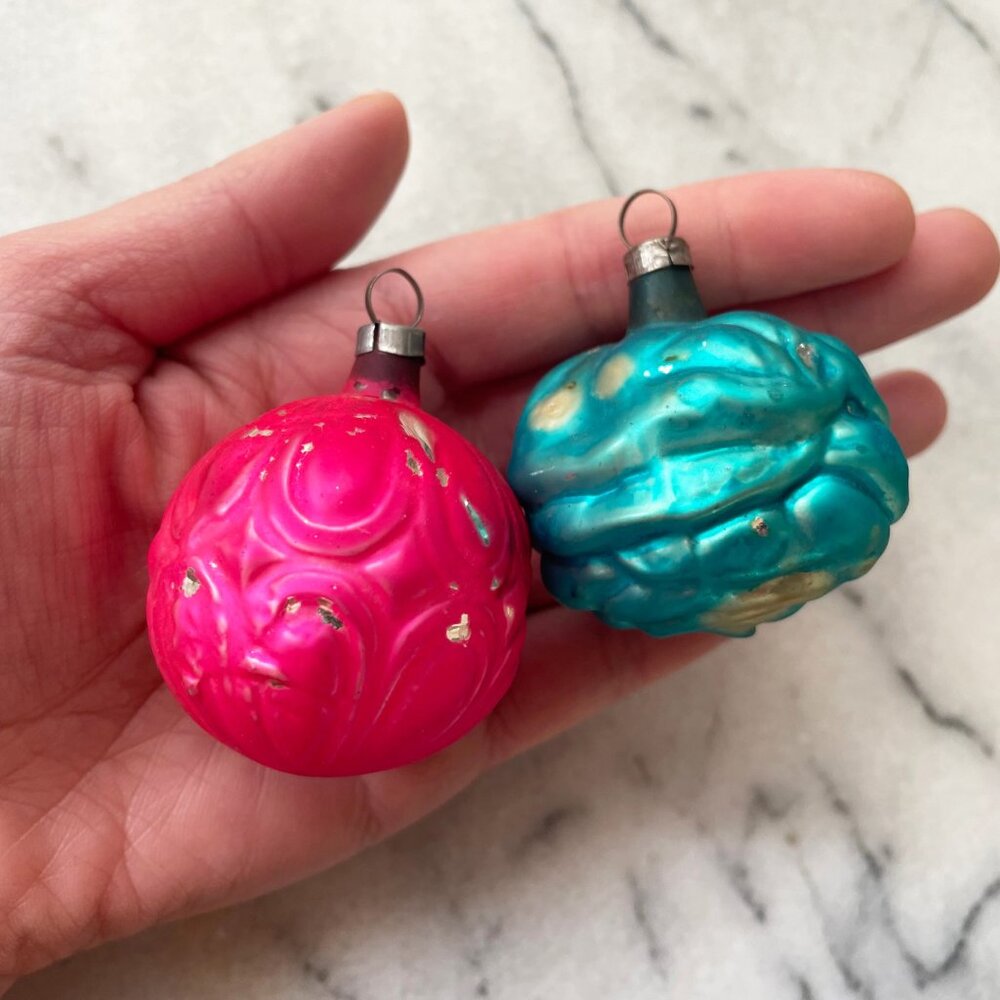 Vintage Ornaments Pair Flowers Pink Aqua Rose Floral Set of 2 Mercury Glass